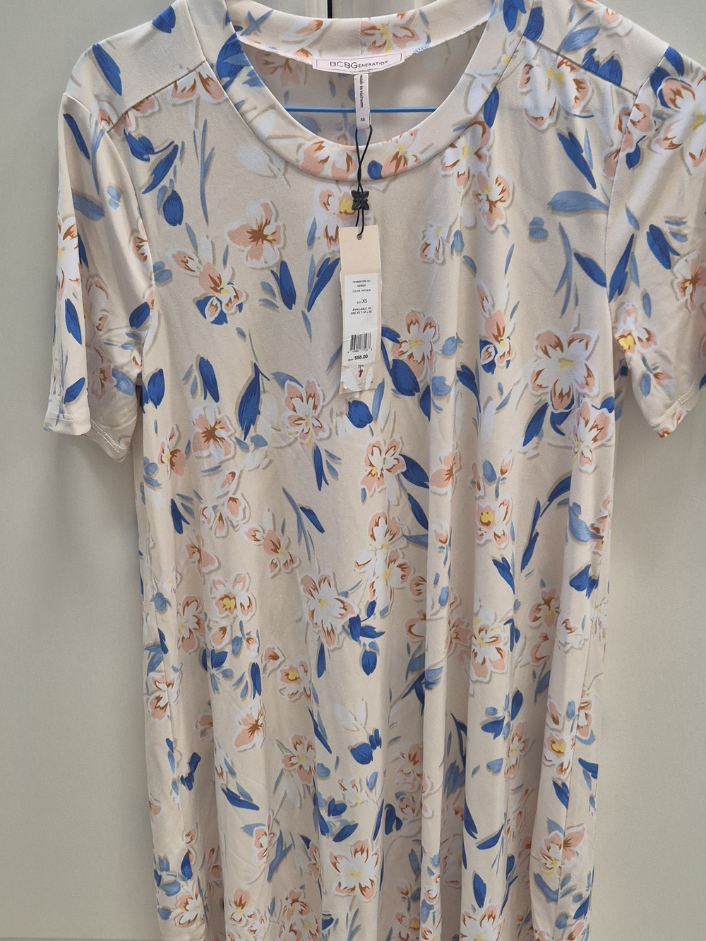 BCBGeneration Cream Floral Short-Sleeve Tunic with Blue and Blush Accent